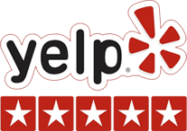A red and white yelp logo with five stars in the background.