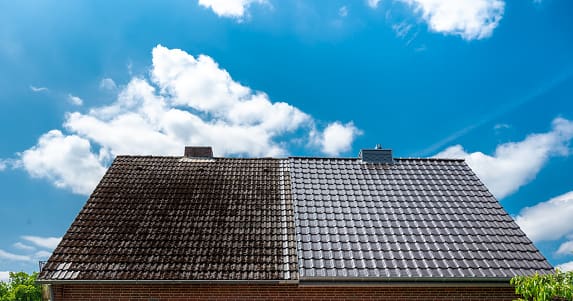 A roof with two different types of cleaning.