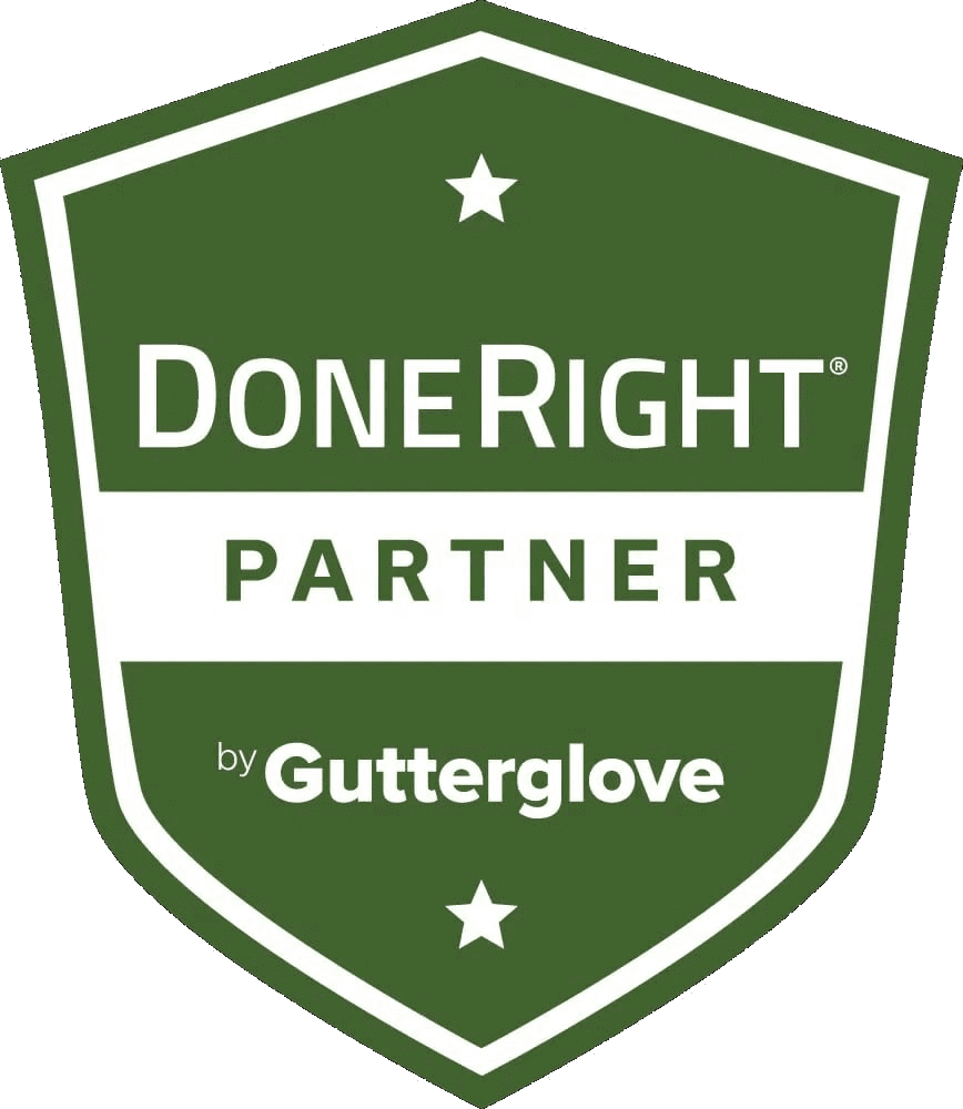 A green shield with the words " done right partner by gutterglove ".