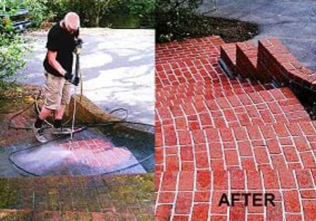 A before and after picture of a man cleaning the sidewalk.