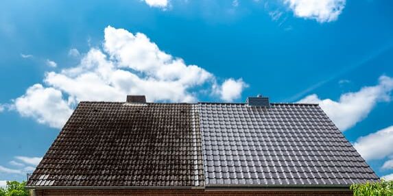 A roof with two different types of cleaning.